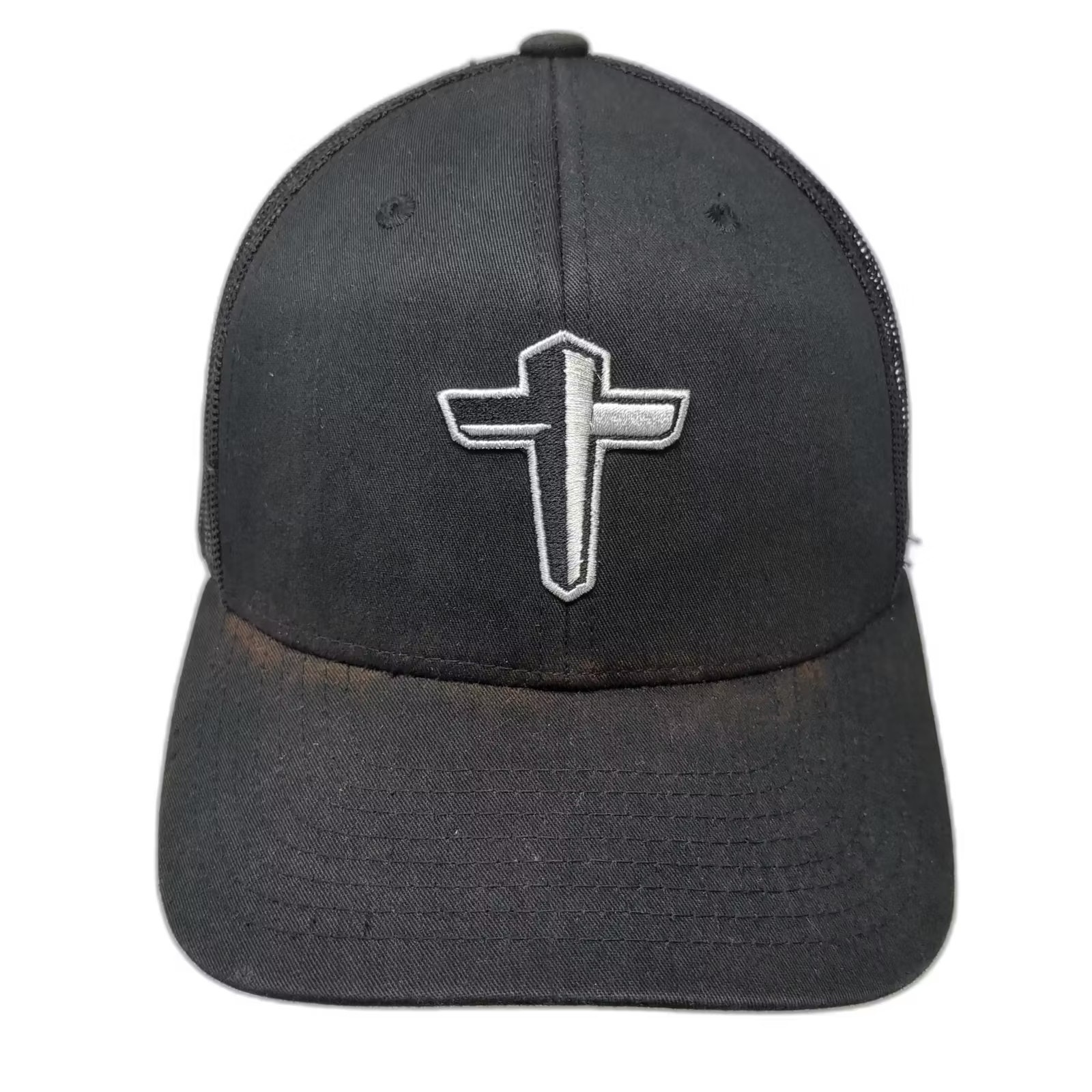 Yupoong Black Trucker Hat Silver Cross Mesh Snapback Os Adjustable Embroidered